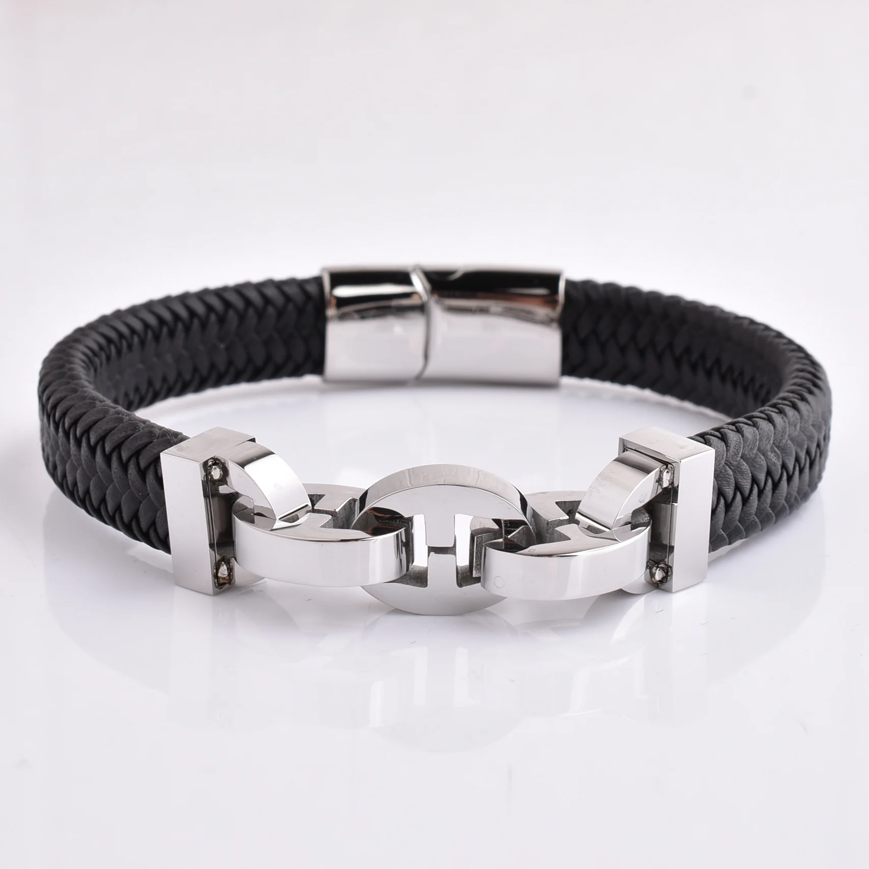TRENDY Mens Stainless Steel Chain Link Clasp Leather Bangle Bracelet