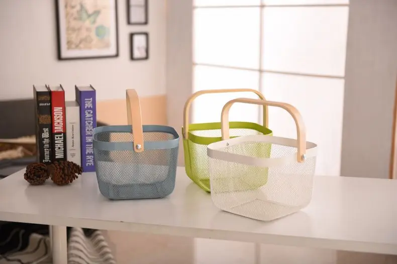 Woven Metal Mesh Fruit Basket with Wood Handle Organizer Storage Baskets for Kitchen Food & Laundry Use
