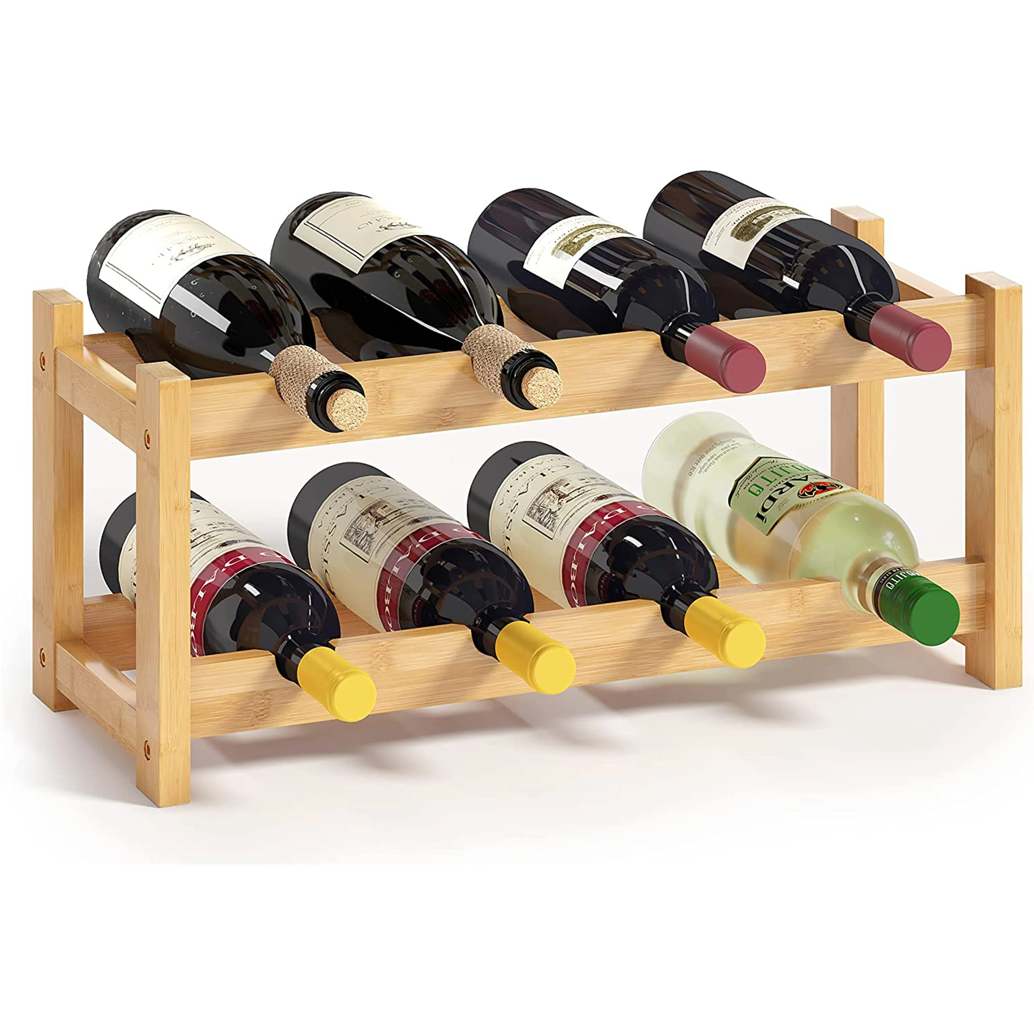 Free Standing 8 Bottle 2 Tier Bamboo Wine Racks Countertop Cabinet Wine Holder Wine Storage Shelf for Kitchen