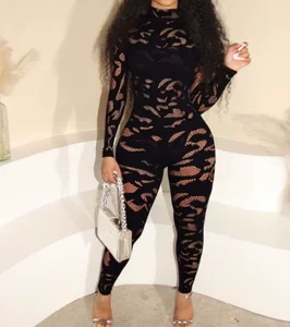 Viviblook Z1227JP01 Sexy Winter Jumpsuit Women Long Sleeved Hollow Tight Lace See Through Patchwork Bodycon Jumpsuit