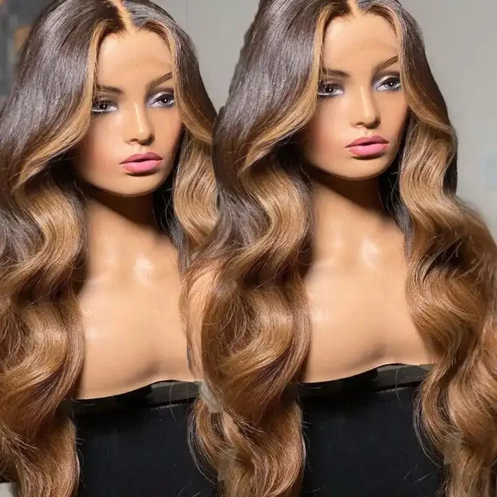 Wig brown ombré 40 inches Long Swisslace Lacefront long-wavy-side-part-auburn-  main image 3