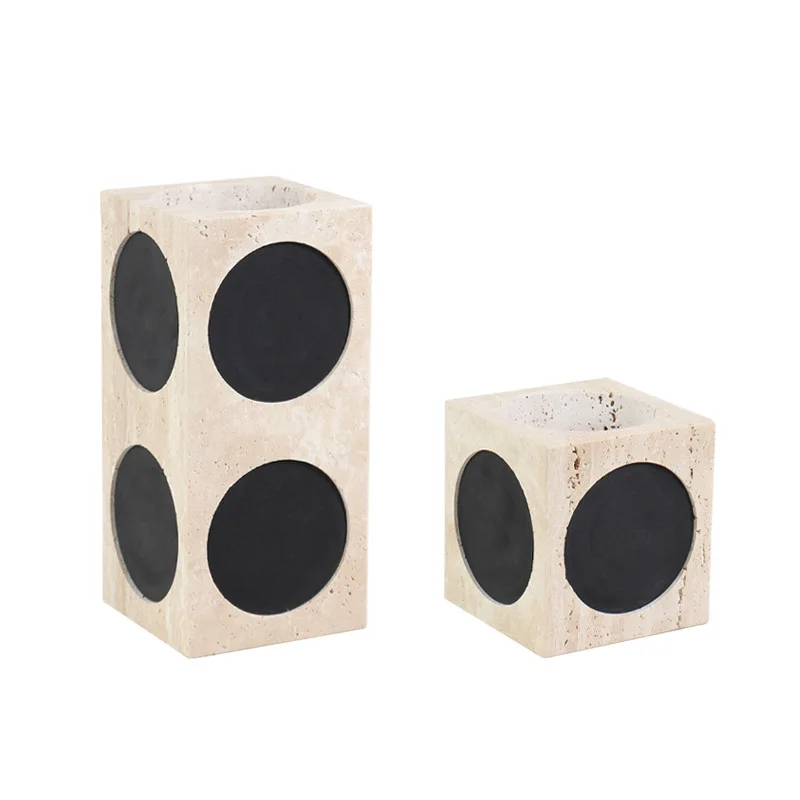 Simple Modern Creative Yellow Travertine Square Dot Vase Arrangement Art Home Marble Flower Ornament Hotel Party Decoration