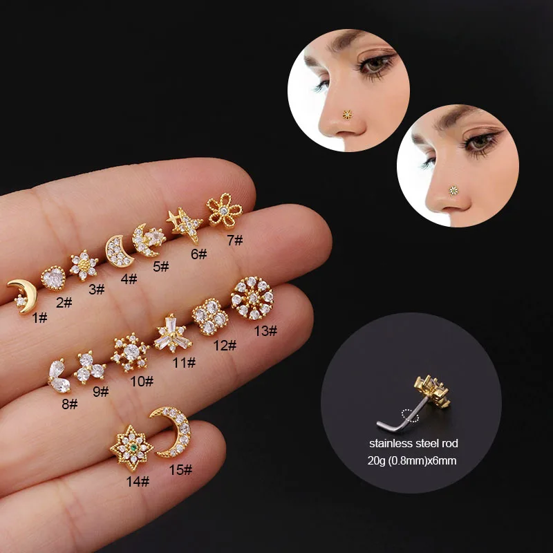 Yw New 316l Gold L-shaped Surgical Stainless Steel Bar With Copper Cz Nose  Rings For Women Nose Stud Piercing Jewelry - Buy Nose Rings For Women,Nose  Rings Bulk,Nose Ring Indian Nose Stud