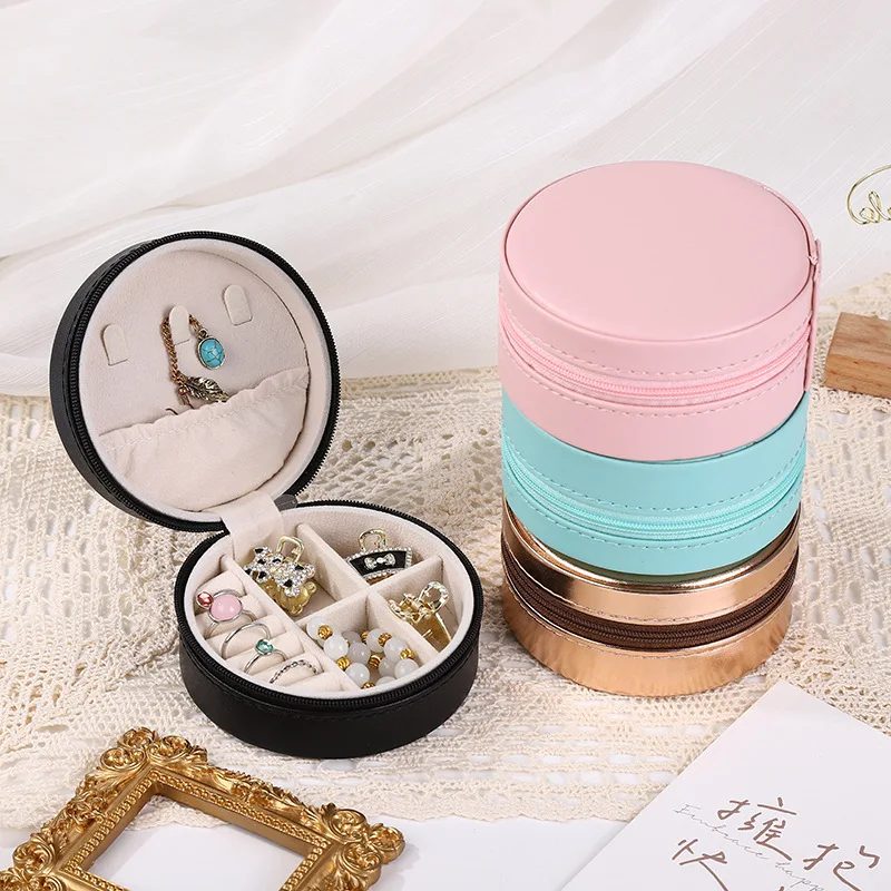 New round zipper jewelry box cross-border pu necklace earrings ring multifunctional storage box portable jewelry box factory