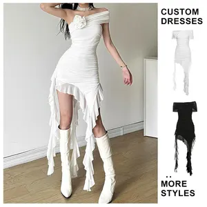 Elegant Modern Off Shoulder Black /White Dress Asymmetric Ruffle Hem 3D Flower Accent Sheer Mesh Overlay Sexy Bodycon Fit