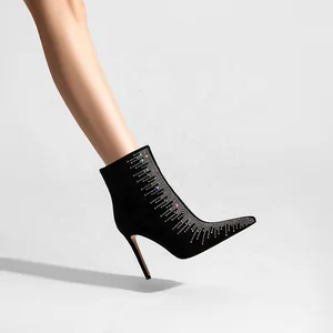 Women's Rhinestone Black Pointed Toe Stiletto Ankle Boots  Sparkly Suede Booties for Fall/Winter