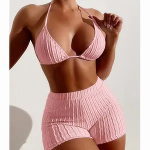 High Waist Solid Color Bandeau Bikini Set with Boyshort Bottoms Backless Design for Women Girls Two Piece Breathable Swimsuit