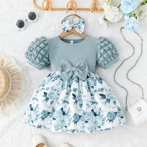 Summer Flower Baby Girl Dress Floral Princess Dresses Birthday Party Wedding Short Sleeved Bow Tie Clothes for Kids