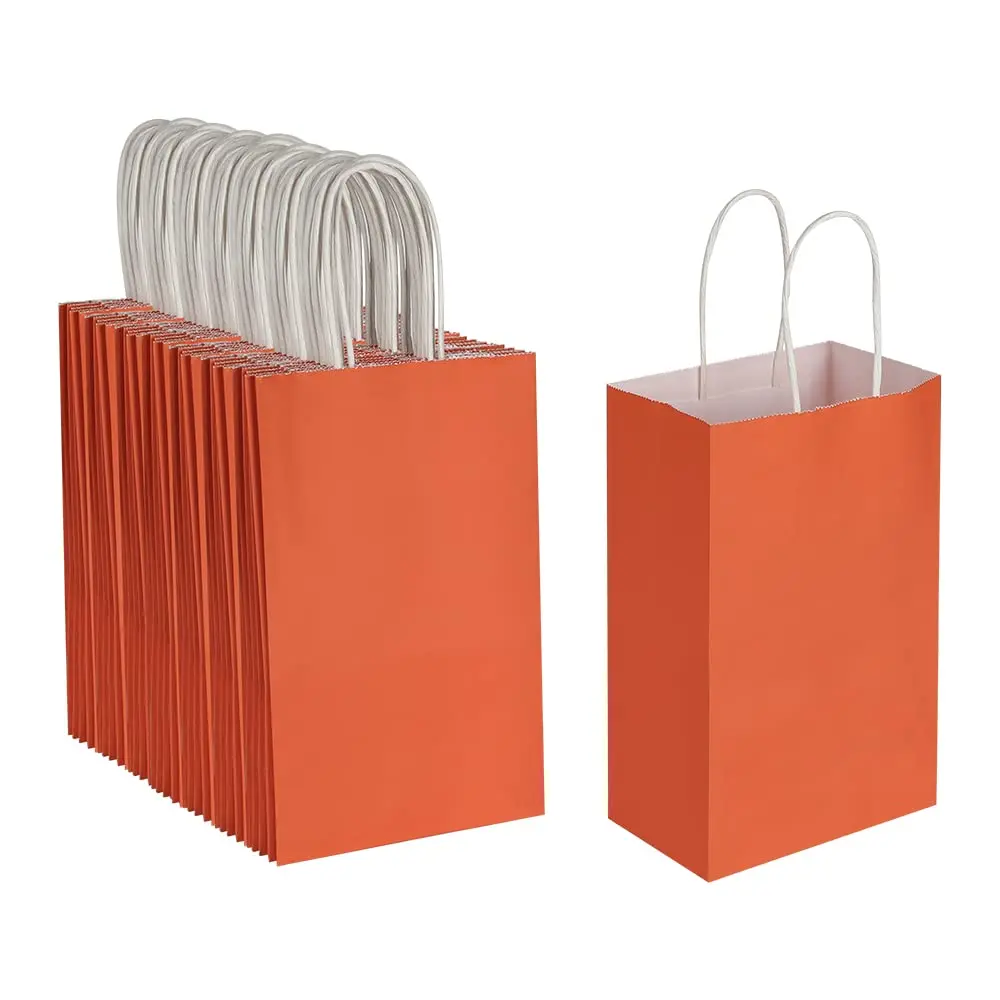 Factory Customized Print Logo Fast Food Packaging Grocery Retail Take Away Take Out Orange Kraft Paper Bag with Handles