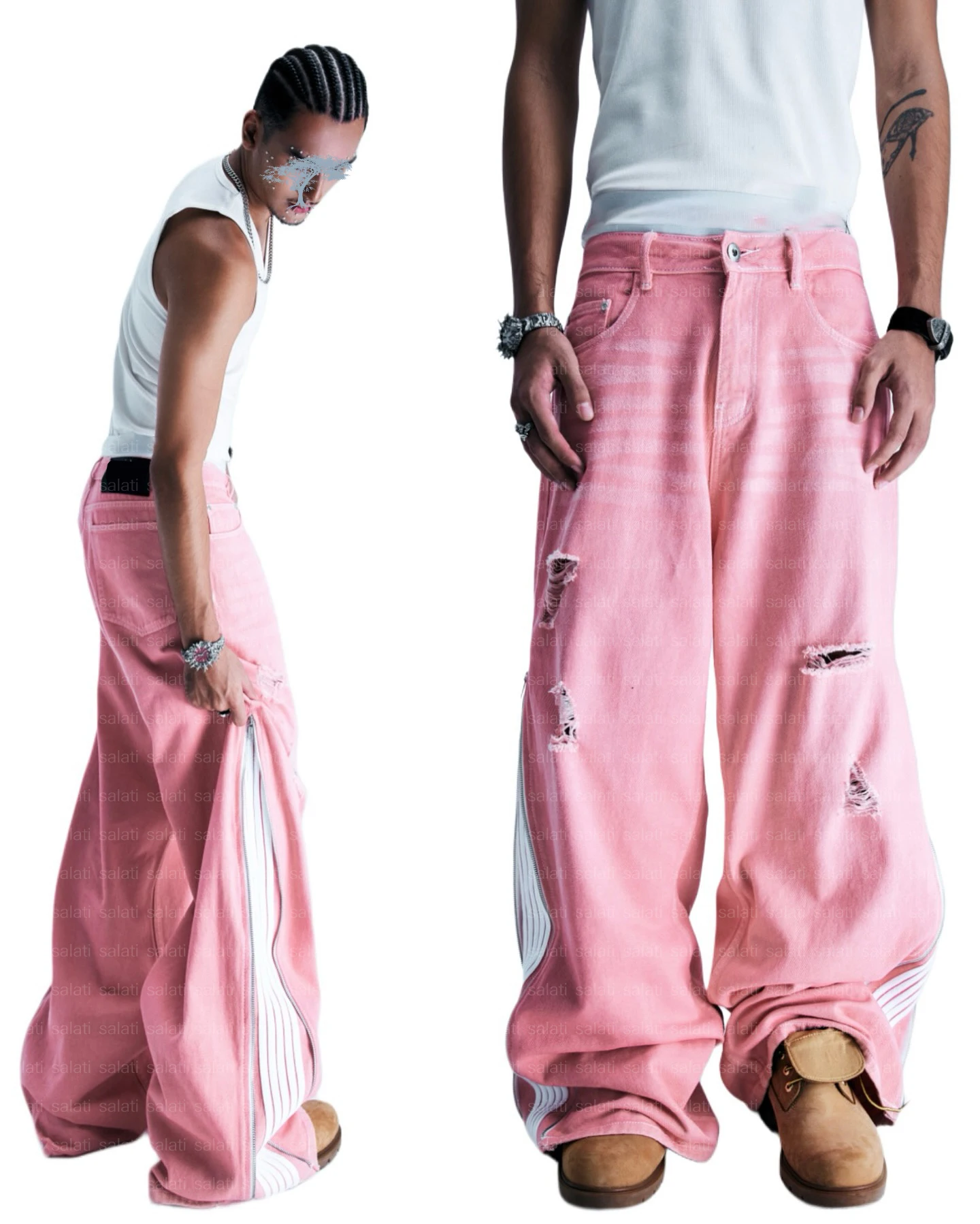 Salati Jean Oversized Damaged Ripped Acid Wash Wide Leg Distressed Vintage Rhinestone Flared Baggy Japanese Denim Pant Jeans Men gallery 2
