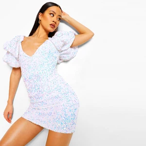 Sequin Puff Sleeve Plunge Mini Dress White Vestido Reflective Evening Dresses Ladies Wear