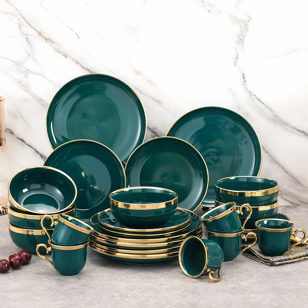 2023 New Luxury Green Crockery Ceramic Dinner Plates Sets Dinnerware