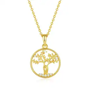Women's 18K Gold Plated Luxury Statement Necklace Zirconia-Capped Tree Life Pendant Link Chain Wedding Engagement Gift Brass