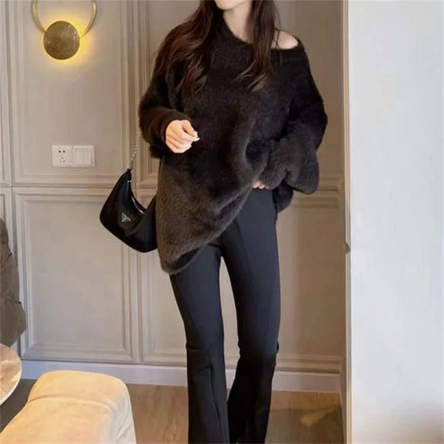 Women's New Loose Pullover Sweater Long Warm Velvet Collar Knitted Coat with Crew Neck for Spring and Fall Lazy Wind Style