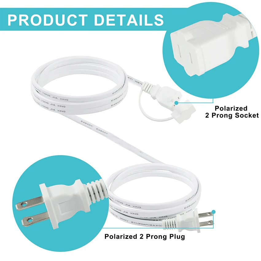 NEMA 1-15P to NEMA 1-15R Power Extension Cord 18AWG Black 2 Prong AC Cable for Appliance Office Equipment Lighting Electronics