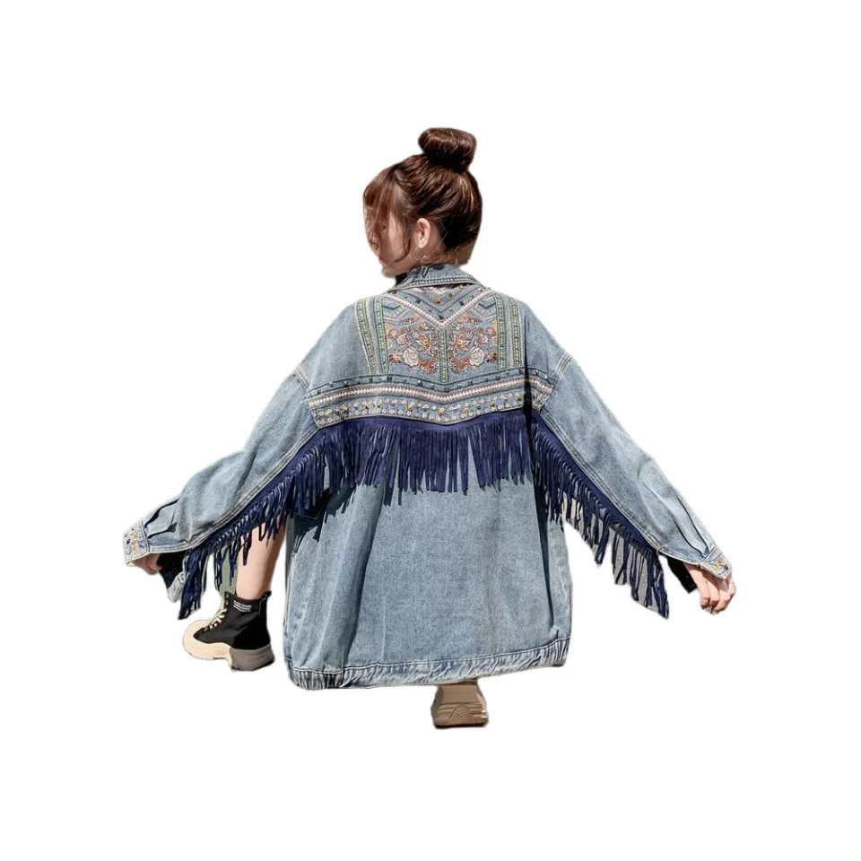 Women's Plus-Size Long-Sleeve Vintage Loose Fit Denim Jacket with Fringe Quick Dry European & American Style