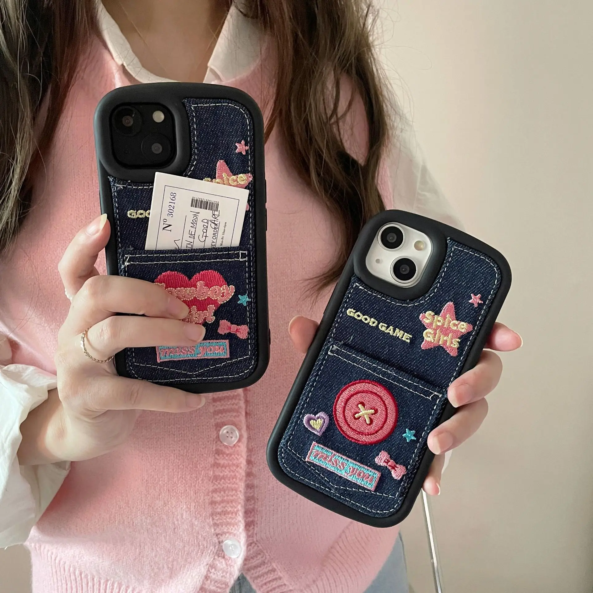 INSデニム刺繍ボタン付きカードスロットモバイルフォンケース iPhone 11 12 13 14 15 16 Pro Max Plus ストリートファッション  