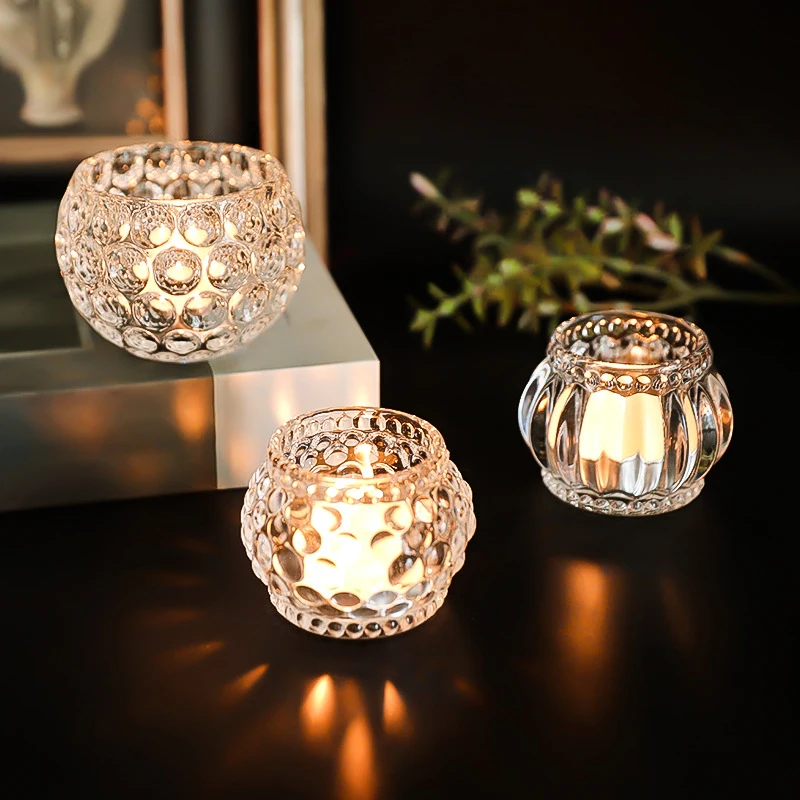 High Quality Romantic Crystal Embossed Clear Votive Glass Tealight Candle Holders for Centerpiece Home Table Decor