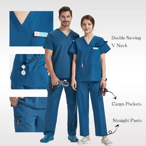 Custom OEM Polyester Cotton Mixed Hospital Uniforms Breathable Light Weight Solid Color Medical Unisex Scrubs Suits