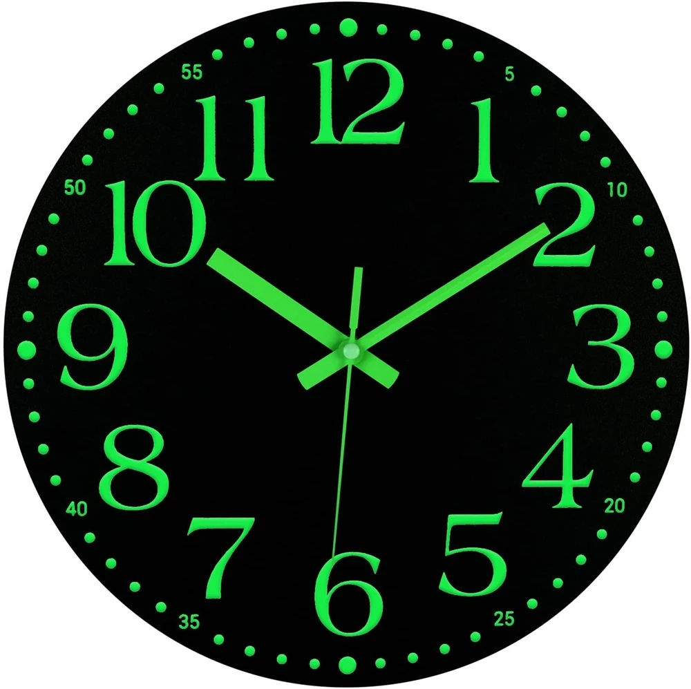 12 Inch Quartz Wall Clock with Silent Energy-Absorbing Luminous Numerals Wooden Glow-in-the-Dark MDF Decoration Lighted Hands