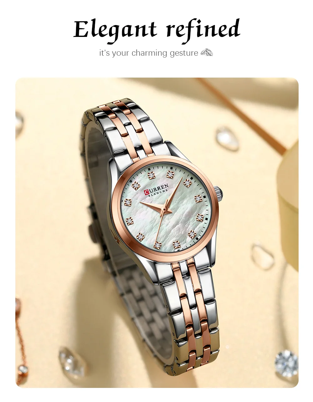 Curren 9111 Luxury Casual Fashion Simple Diamonds Design Ladies Luminous Watch Stainless Steel Band Waterproof Watches for Women