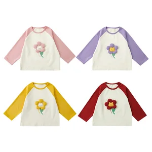Wholesale Girls Tops and T Shirt 2022 Autumn Long Sleeve T Shirt Kids 3D Flower Cotton Girls T-shirts