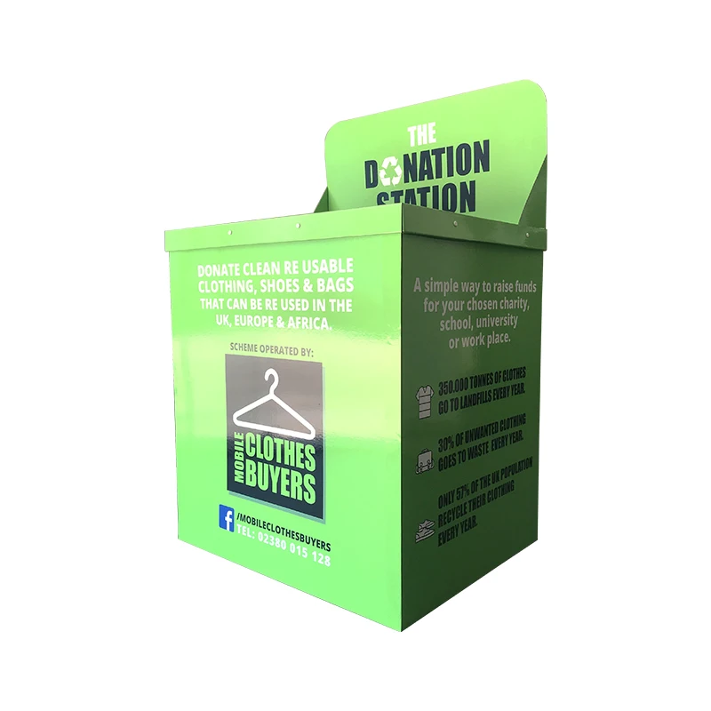Customized Handmade Retail Corrugated Cardboard Dump Bin for Donations  Display Racks with Printed Designs