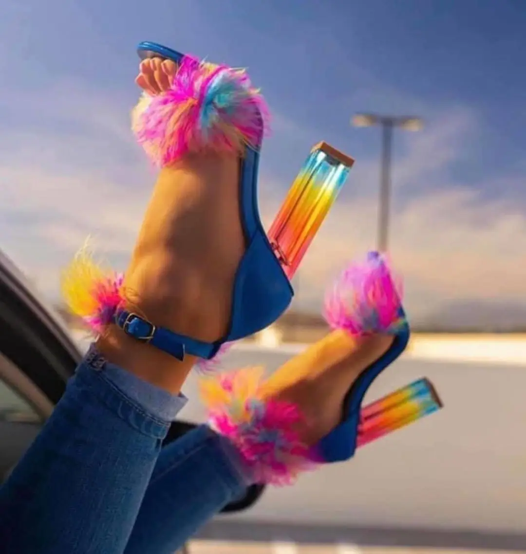 CSS58 Crystal Chunky Heels Sandals Mixed Colorful Women Fur Shoes Peep Toe Pumps