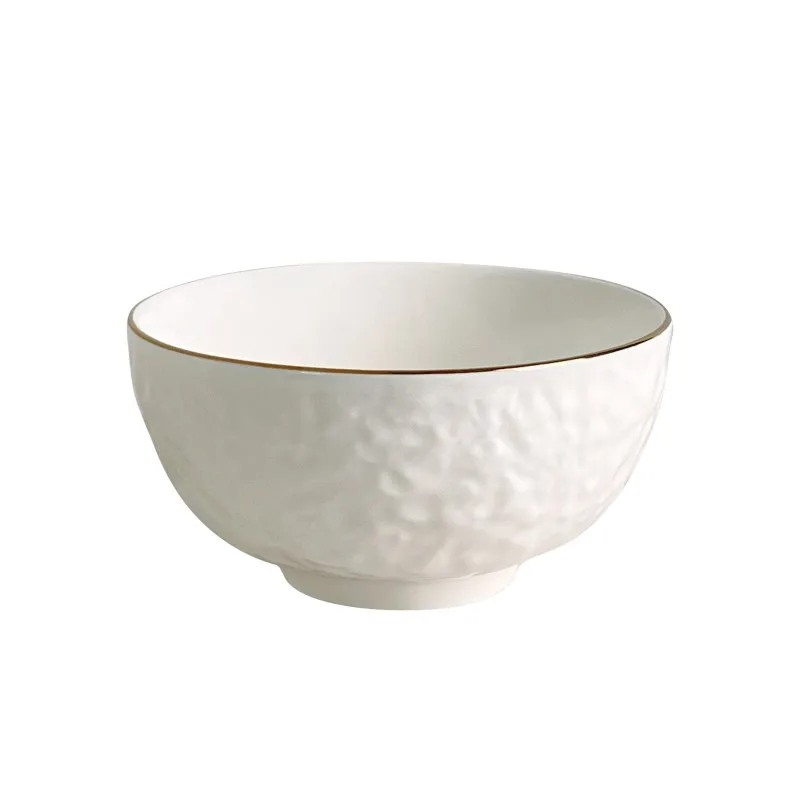 High Quality Modern Style Set of 4 White Relief Ceramic Bowls Eco-Friendly Gold Rim for Salad Soup Commercial Buyer Food Purpose factory