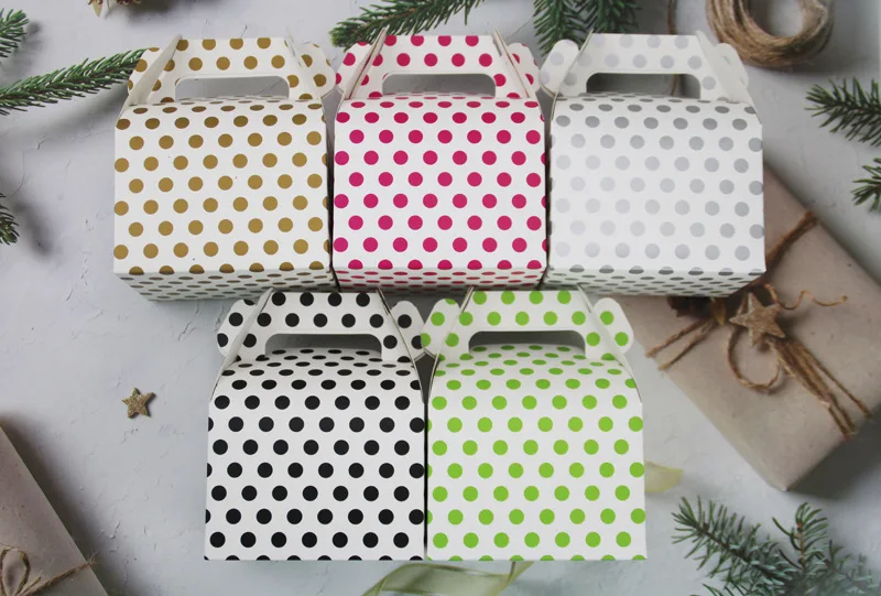 Multi-Color Dot Design Fashionable Gable Handle Portable Paper Cake Candy Cheese Cake Container for Food Sugar Foldable Folder