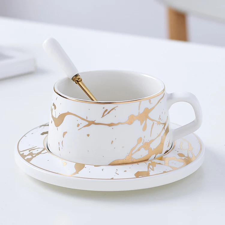Tasses à Café En Céramique Marbrée Avec Motif Doré - Capacité 260 Ml - Style Nordique Bohème Avec Soucoupe En Bois - Idéal Saint-Valentin