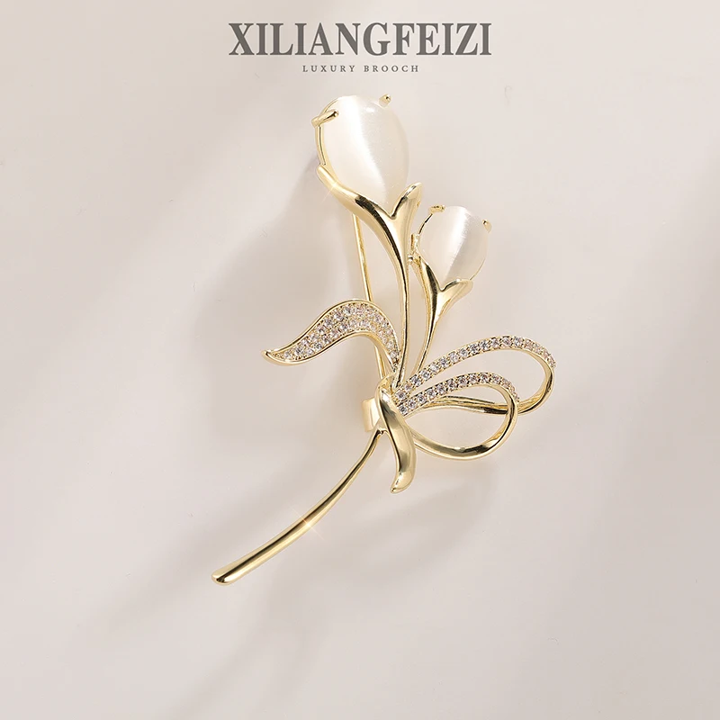 XILIANGFEIZI Luxury Fashion Fine Jewelry Flowers Opal Zircon 18K Gold Tulip  Brooches for Women