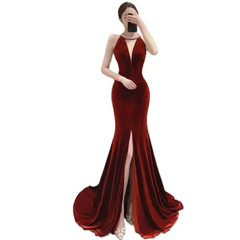 Wine Red Toasting Dress Fine Velvet Slimming  Fishtail Dress Sexy V neck Evening Dresses