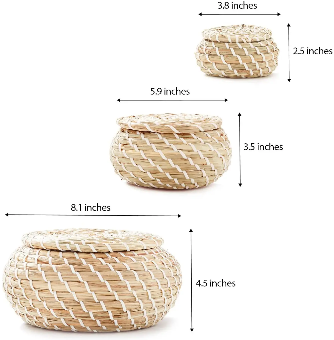 3pcs Mini Straw Hand Woven Storage Baskets With Lids Round Small Seagrass Box Desktop Storage