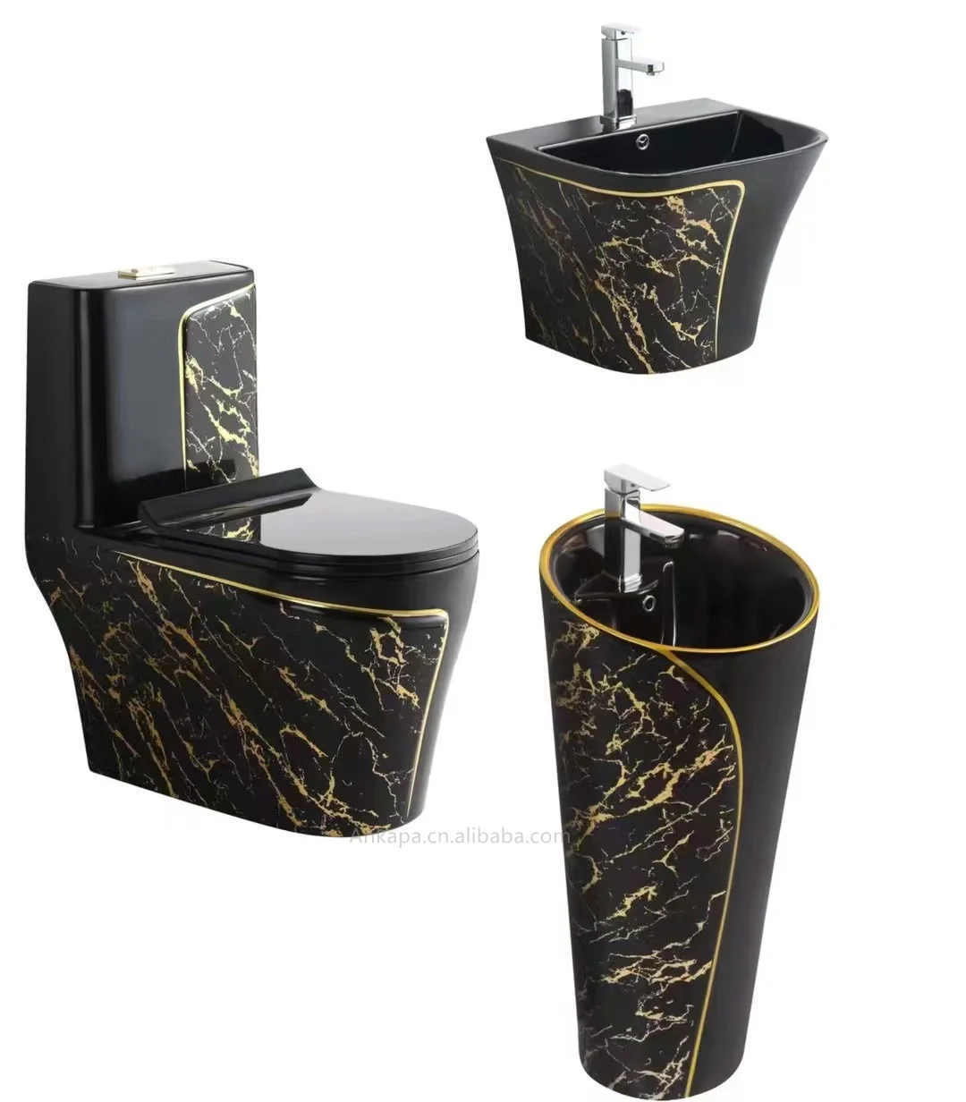 Luxury One Piece Black Gold Toilet Bowl Combo Sanitary Ware