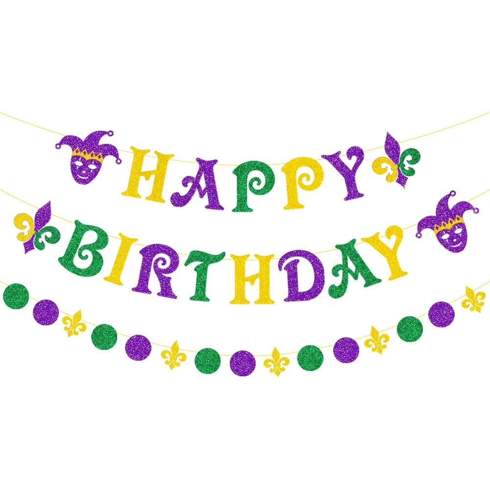 Glittery Happy Birthday Banner and circle dot paper garland Mardi Gras ...