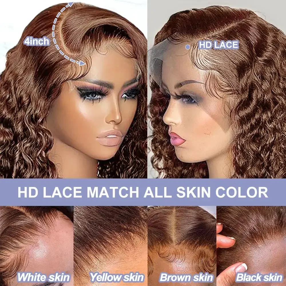 Parrucche per capelli umani Bob con onde profonde color cioccolato, densità 180, trasparenti, n. 4, 13x4, con pizzo frontale, parrucca corta pre-pizzicata per donne_voghion.com