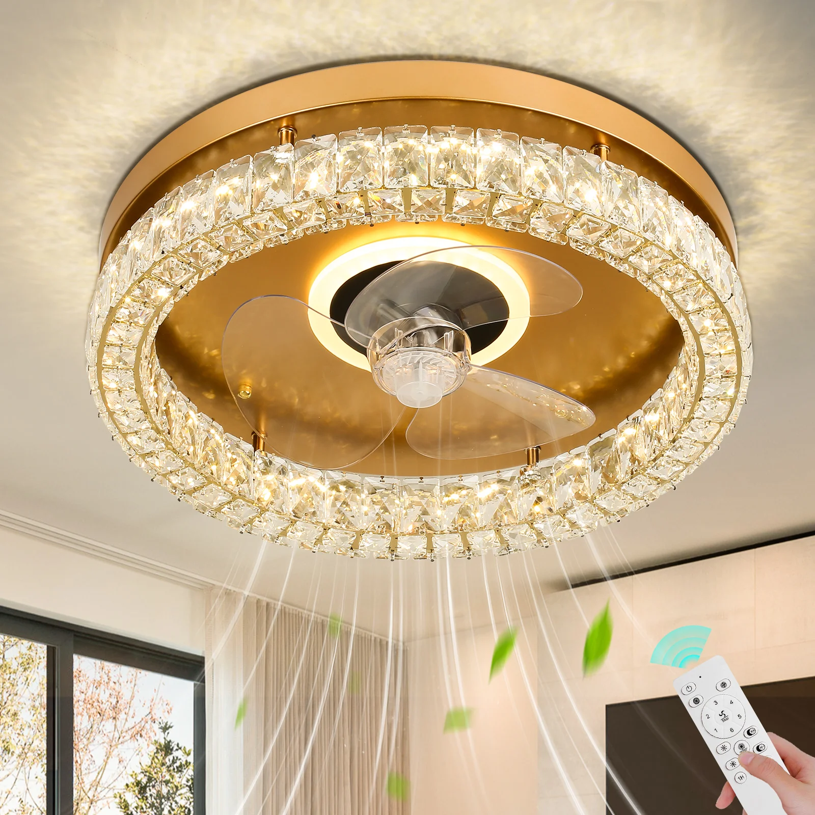 Gold Crystal Ceiling Lamp with Retractable Fan and Chandelier Lighting  Remote Control Mode