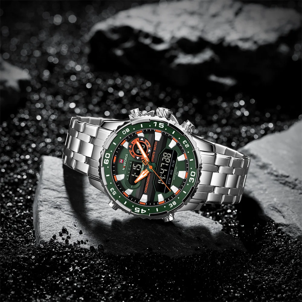 NAVIFORCE 9234 SGNS reloj de cuarzo con banda de acero inoxidable de esfera  grande para hombres reloj de pulsera Digital LCD para hombres manos