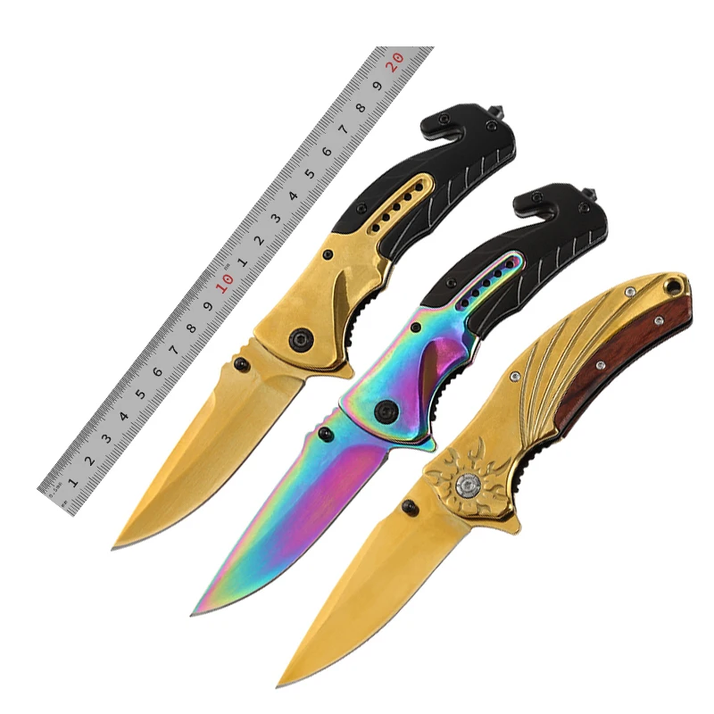 Alibabas in Spanish Italiano Gold Titaniums Stainless Steel Blade Handmade Survival Camping Hunting Edc Pocket Knife Folding
