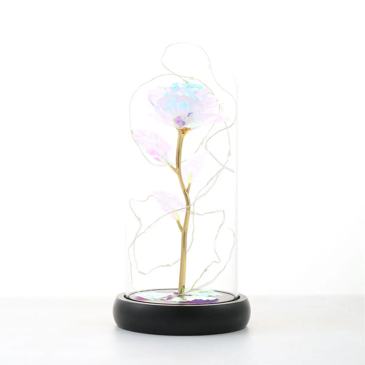 Wholesale led light up plastic artificial flower led rose glass cloche dome for decoration