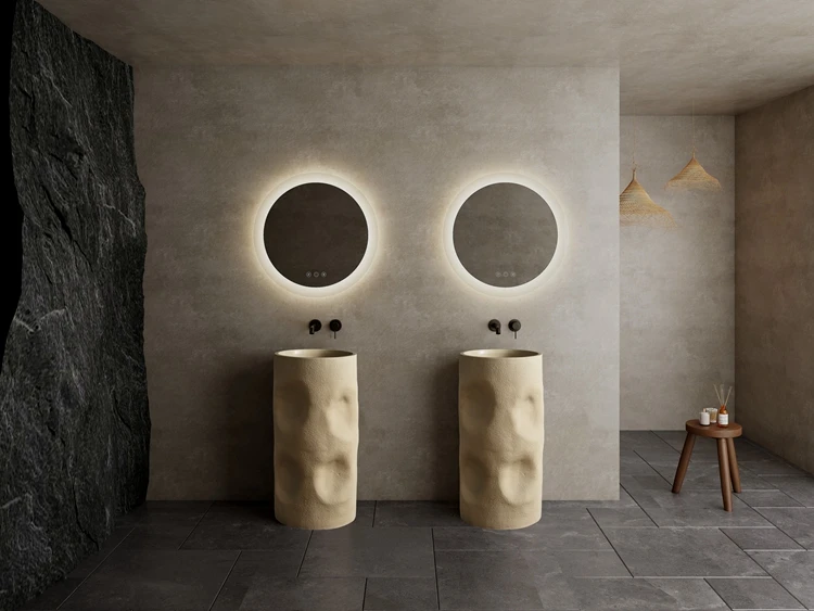 Wabi Sabi Style Cylindrical Shape Bathroom Pedestal Sink Creamy Color Artificial Stone Wash Basin Free Standing Bathroom Sink