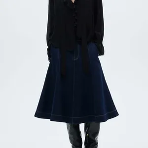 ODM & OEM Manufacturer High Quality Custom Design Ladies Denim Ruffle Casual Long Midi Skirt