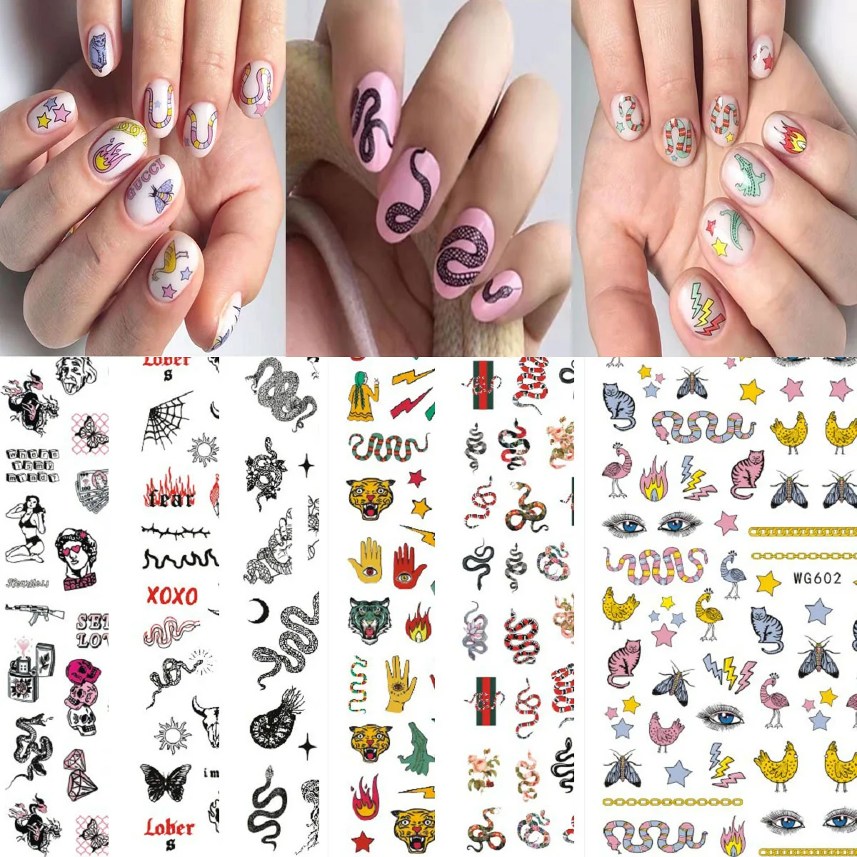 6 Sheets Snake Nail Art Stickers, 3d Pattern Sticker Decals For Women ...