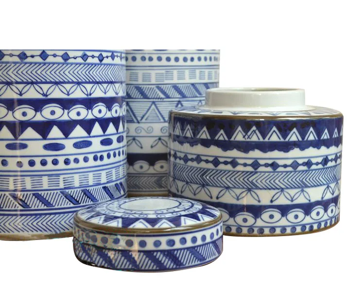 Jingdezhen Ceramic Customization Minimalist Style Ceramic  Decoration Blue and White Striped Decorative CylinderJars With Lid