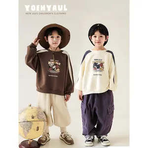 Autumn Winter Boys Cartoon Print Loose Shoulder Round Neck Velvet Sweater 2023 Winter New Children's Casual Top