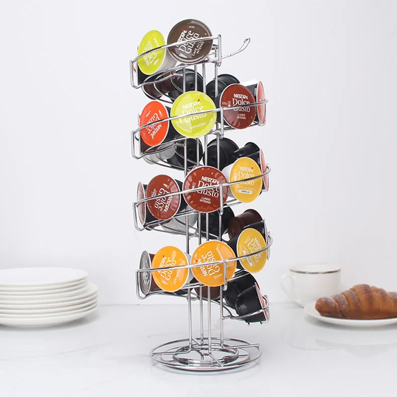 Eco-Friendly Large Capacity Iron Metal Coffee Pod Holder Rotating Beverage Storage for Kitchen Standing Type Box Packed