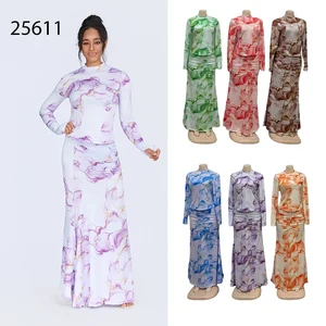 New Wholesale Ladies Fashion Printing Long Sleeve Round Neck Top Straight Tube Slim Skirt Set