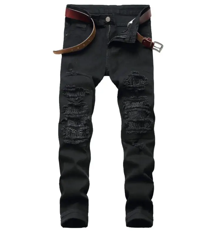 New Style Men's Distressed Destroyed Pants Art Hole Patches Skinny Biker Black Blue Slim Trousers Men Denim Jeans