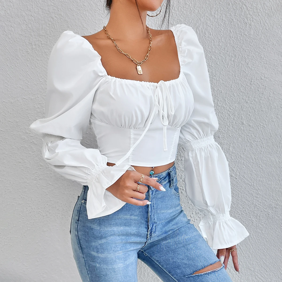 Low Moq Sexy Lace Ruffles Long Sleeve Crop Top Backless Manufacturer ...